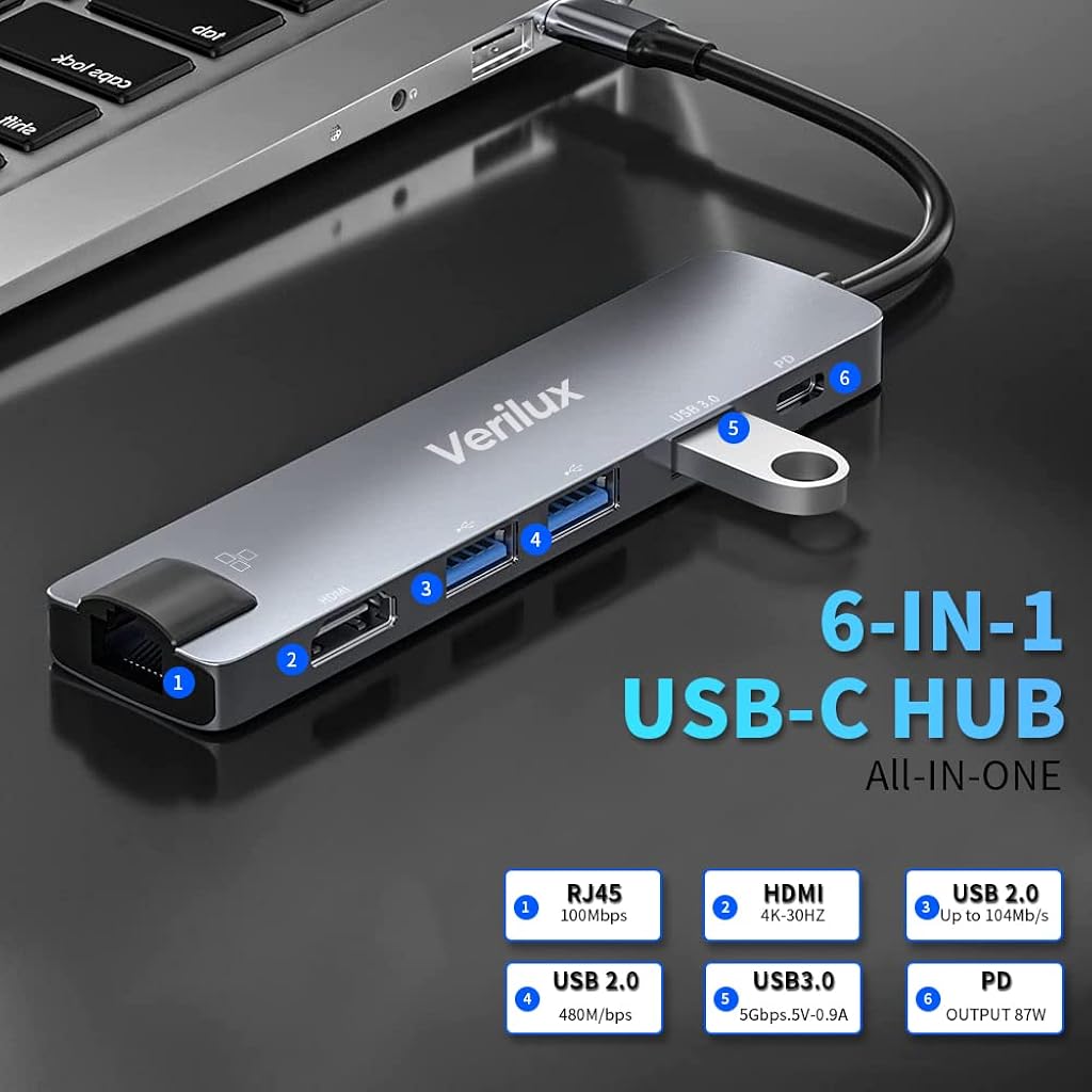 Verilux  6 in 1 USB C Hub,Type C Hub with 4K HDMI Output, 55W PD Charging Port,100M Ethernet Hub,1 USB 3.0, 2 USB 2.0 USB C Hub for MacBook Air M1, MacBook Pro, Switch,and More Type-C Enabled Device Verilux  6 in 1 USB C Hub,Type C Hub with 4K HDMI Output, 55W PD Charging Port,100M Ethernet Hub,1 USB 3.0, 2 USB 2.0 USB C Hub for MacBook Air M1, MacBook Pro, Switch,and More Type-C Enabled Device